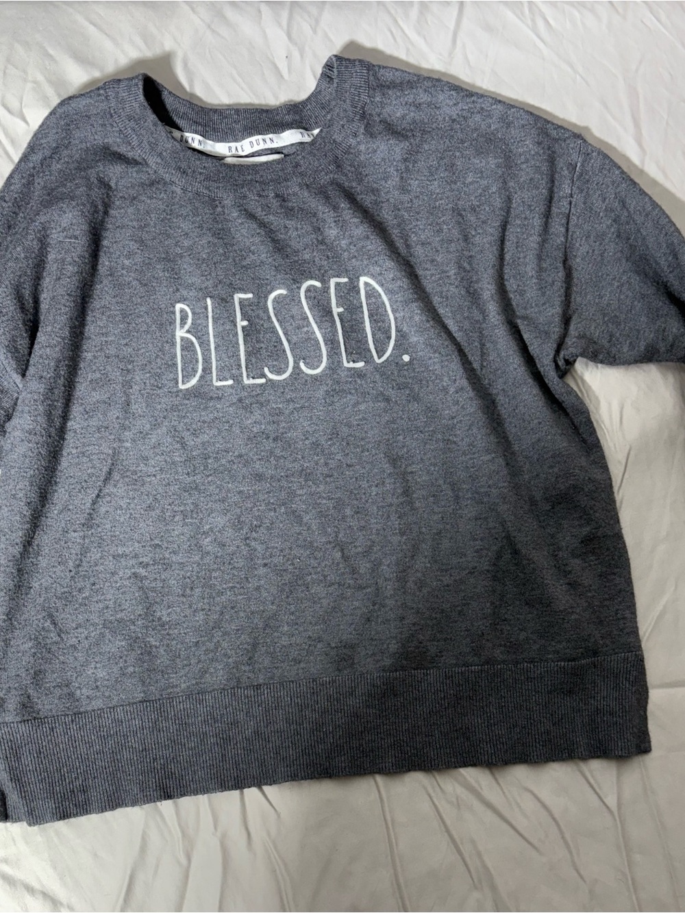 Rae Dunn Gray "Blessed." Knit Pullover Sweatshirt for Women